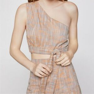 BCBGeneration Basket Weave One Shoulder Crop Top Muted Blue/Orange Tie Waist S